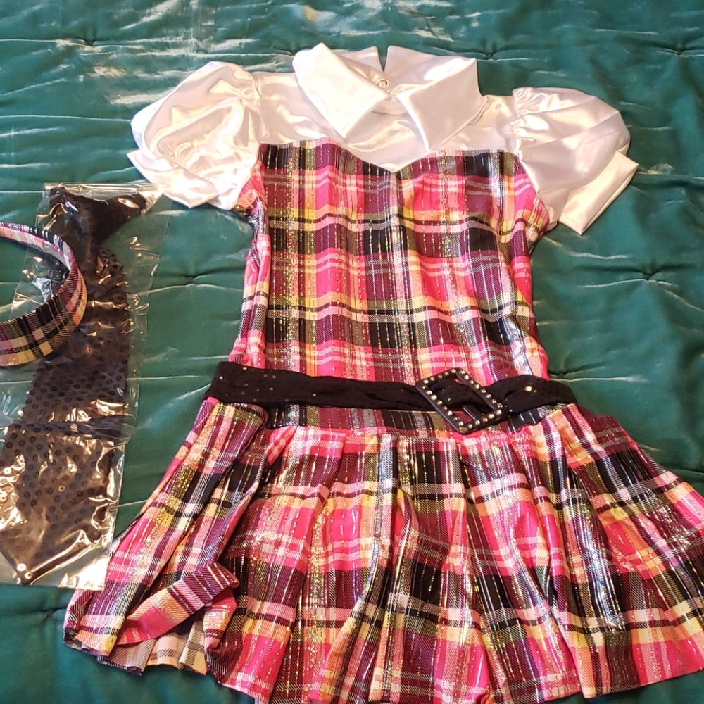 School girl pink plaid costume. Large child